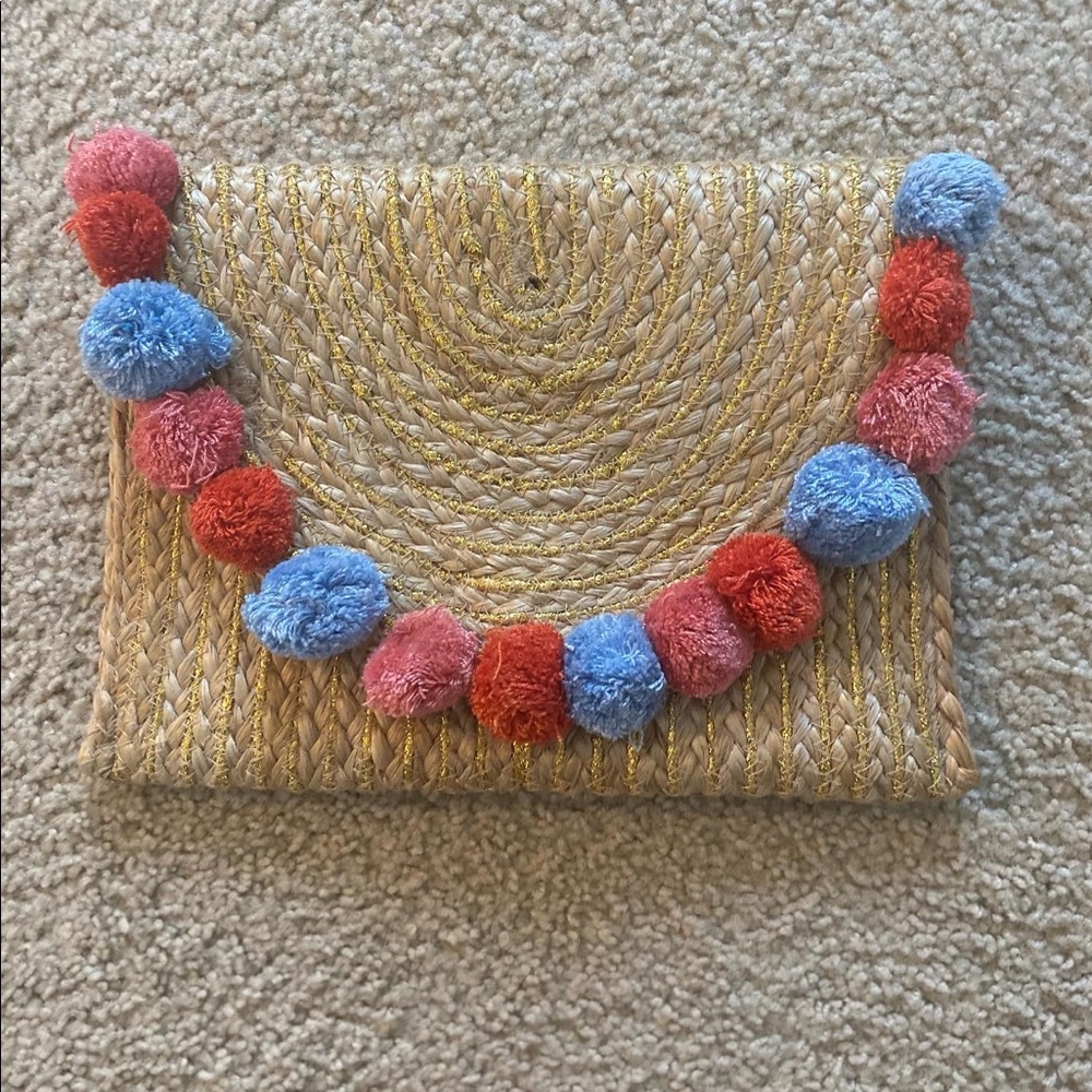 Forever 21 Straw Pom Pom Clutch with Pink, Blue & Orange Accents